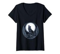 Womens Howling Wolf Under Full Moon Forest Night V-Neck T-Shirt