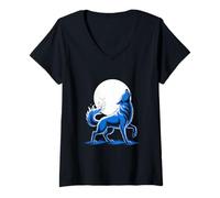 Womens Howling Wolf Under Full Moon Night Sky V-Neck T-Shirt