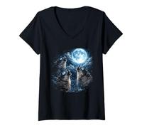 Women's Howling Wolf Under Full Moon Night V-Neck T-Shirt