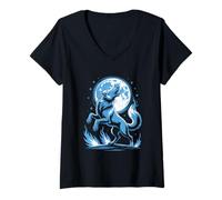Womens Howling Wolf Under The Moon Art V-Neck T-Shirt