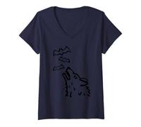 Womens Howling Wolf's Head with Bats in Heaven - Halloween V-Neck T-Shirt