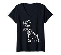 Womens Howling Wolf's Head with Bats in Heaven - Halloween V-Neck T-Shirt