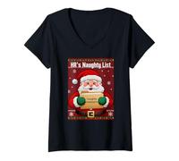 Womens HR's Santa Naughty List Ugly Christmas Sweater Front Back V-Neck T-Shirt