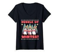 Womens Huddle Up for Winter | Cozy Penguin Cartoon Mood Style V-Neck T-Shirt