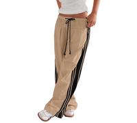 Womens Hudson Canyon Pants Side Striped Sweatpants Drawstring Waist High Rise Pant Trousers with Pockets, Khaki, M