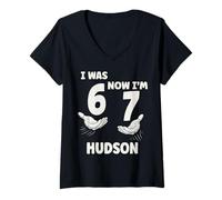 Women's Hudson Personalized I was 6 Now I'm 7 Birthday Boy Bday V-Neck T-Shirt