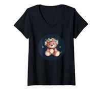 Womens Huggable Teddy Bear with a Sweet Floral Crown V-Neck T-Shirt