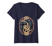 Women's Huginn & Muninn Odin Ravens - Norse Celtic Symbol Viking V-Neck T-Shirt, Navy Blue, Small