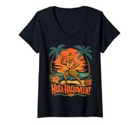 Women's Hula Halloween Party Pumpkin Tiki Luau Beach V-Neck T-Shirt