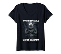 Womens Human by Chance Alpha by Choice Cool Alpha Wolf Funny Saying V-Neck T-Shirt