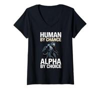 Womens Human by Chance Alpha by Choice Cool Funny Alpha Wolf Meme V-Neck T-Shirt
