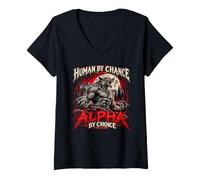 Women's Human By Chance Alpha By Choice Werewolf Wolf Moon V-Neck T-Shirt