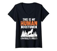 Women's Human Costume I'm Really A Wolf Howling Distressed Design V-Neck T-Shirt