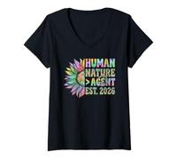 Women's Human Nature Over Agent | Retro Hippie Peace & Tech Ethics V-Neck T-Shirt