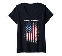 Womens Humanity vs. Insanity Distressed American Patriotic Apparel V-Neck T-Shirt