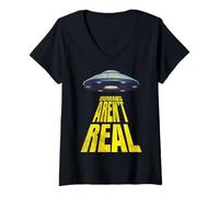 Womens Humans Aren't Real UFO Beaming Funny Absurd Saying Funny UFO V-Neck T-Shirt