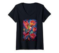 Womens Hummingbird Crimson Flowers Garden Wings V-Neck T-Shirt