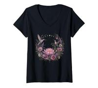 Women's Hummingbird Lotus Moon Phase Floral Celestial Nature V-Neck T-Shirt