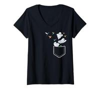 Womens Hummingbird Pocket Ghost Halloween V-Neck T-Shirt