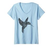 Women's Hummingbird Silhouette Vintage Distressed Black Flying Bird V-Neck T-Shirt