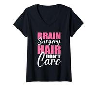Womens Humor Brain Surgery Hair Don't Care Brain Surgery Survivor V-Neck T-Shirt