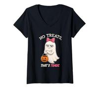 Womens Humorous Halloween Ghost Design “No Treats That’s Tragic” V-Neck T-Shirt