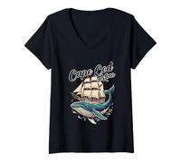 Women's Humpback Whale and Vintage Sailboat Cape Cod Mass Souvenir V-Neck T-Shirt