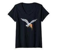 Women's Hungry Seagull Stealing Pizza At Beach Humor V-Neck T-Shirt