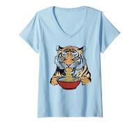 Women's Hungry Tiger Eating Ramen Noodles Art V-Neck T-Shirt