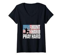 Women's Hunt Hard Pray Hard Christian Bow Hunter Faith V-Neck T-Shirt