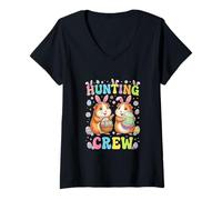 Women's Hunting Crew Easter Colorful Eggs Two Cute Bunny Guinea Pigs V-Neck T-Shirt