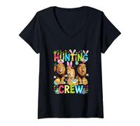 Women's Hunting Crew Three Easter Bunny Lions Hunting Eggs V-Neck T-Shirt
