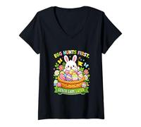 Women's Hunting Eggs First Easter Lunch Lady Later Bunny Eggs Basket V-Neck T-Shirt