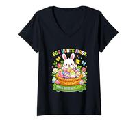 Women's Hunting Eggs First Easter School Secretary Later Bunny Eggs V-Neck T-Shirt