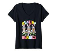 Women's Hunting with My Bunnies Three Easter Australian Shepherds V-Neck T-Shirt