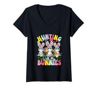 Women's Hunting with My Bunnies Three Easter Donkeys Farmer Kids V-Neck T-Shirt