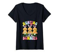 Women's Hunting with My Bunnies Three Easter Golden Retrievers Owner V-Neck T-Shirt