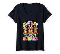 Women's Hunting with My Bunnies Three Easter Norwich Terriers Owner V-Neck T-Shirt