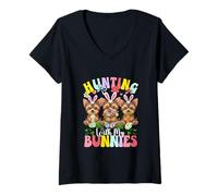 Women's Hunting with My Bunnies Three Easter Yorkshire Terriers V-Neck T-Shirt