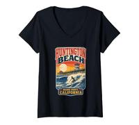 Women's Huntington Beach Pier Surfing Retro California V-Neck T-Shirt
