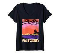 Women's Huntington Beach Vacation Holiday USA Flag V-Neck T-Shirt