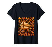 Women's Hurdy Gurdy with Leaves, Fall Gurdyist Autumn Musician V-Neck T-Shirt