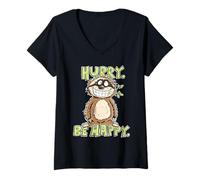 Women's Hurry Be Happy Sloth Design for Mindfulness Slow Living V-Neck T-Shirt