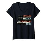 Womens Husband Daddy Protector Hero American Flag Father's Day Dad V-Neck T-Shirt