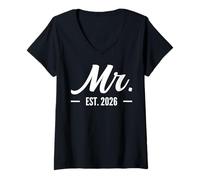 Womens Husband Mr Est 2026 Married Wedding Bridal Party Bachelor V-Neck T-Shirt