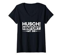 Women's Husch Hinfort Mit Dir Shoo Away German Saying V-Neck T-Shirt