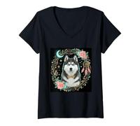 Womens Husky Alaskan Celestial Husky Night Dream Dog Snow Blue Eyes V-Neck T-Shirt
