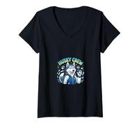 Women's Husky Crew Cute Winter Dog Cartoon Character V-Neck T-Shirt