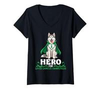 Women's Husky Dog Hero for Liver Cancer Awareness Support Warrior V-Neck T-Shirt