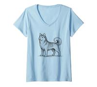 Women's Husky Dog Sketch Canine Abstract Scribble Art Minimalist V-Neck T-Shirt
